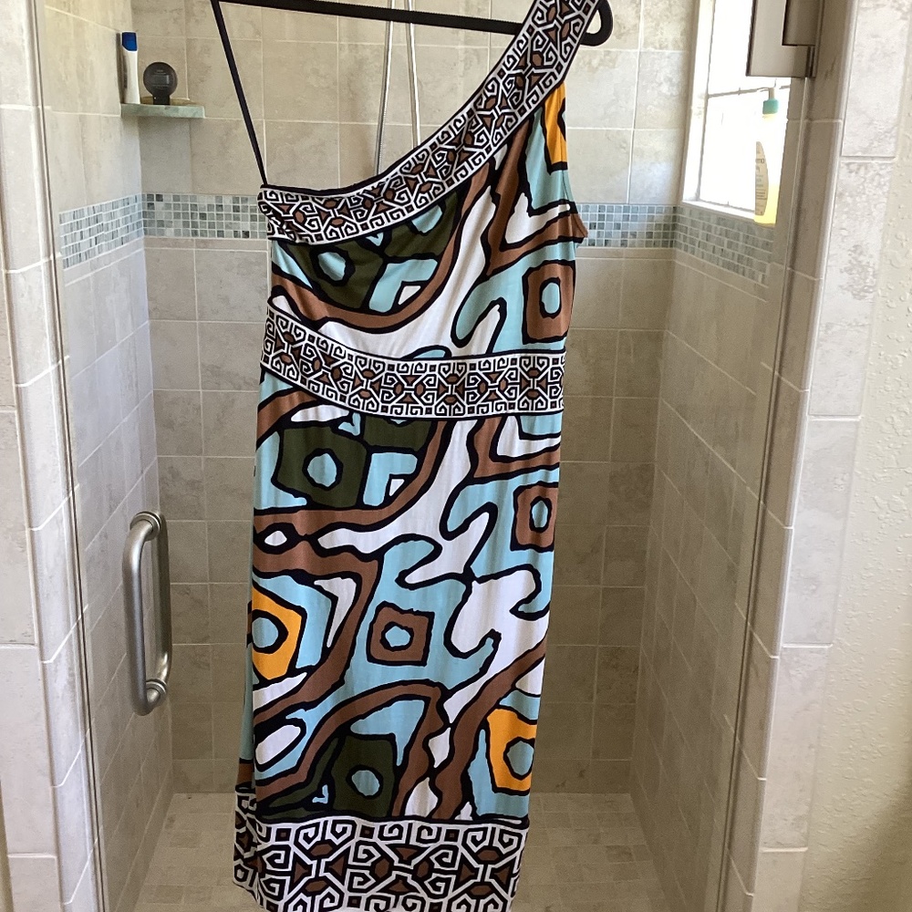 Diane von Furstenberg Silk Jersey One Shoulder Bodycon Midi Dress Graphic Print - Picture 7 of 8
